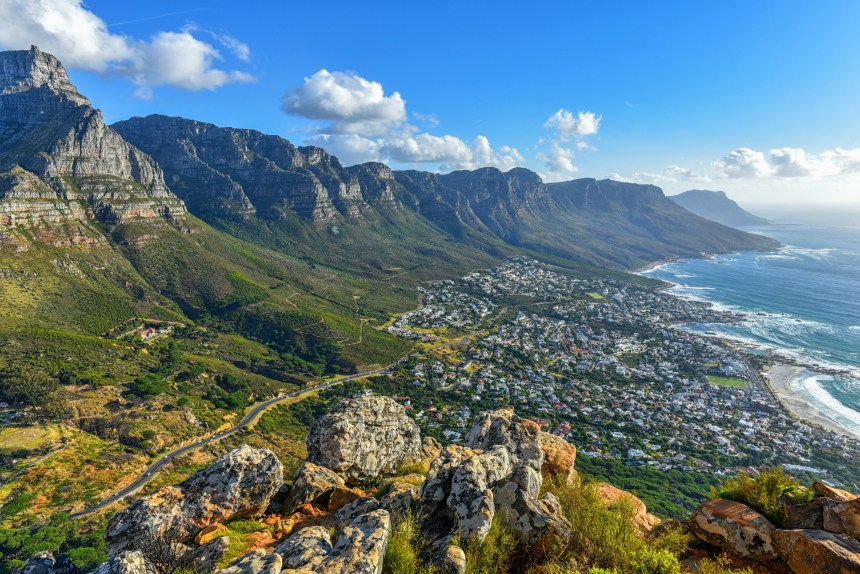 Image title Camps Bay with 12 Apostles at the background as seen from Lion's Head , Cape Town