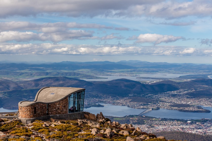 Mount Wellington Lookout structure overlooking the city of Hobart, Tasmania 