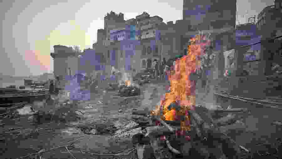 Cremation ceremony in Manikarnika, the main burning ghat in the Varanasi city.