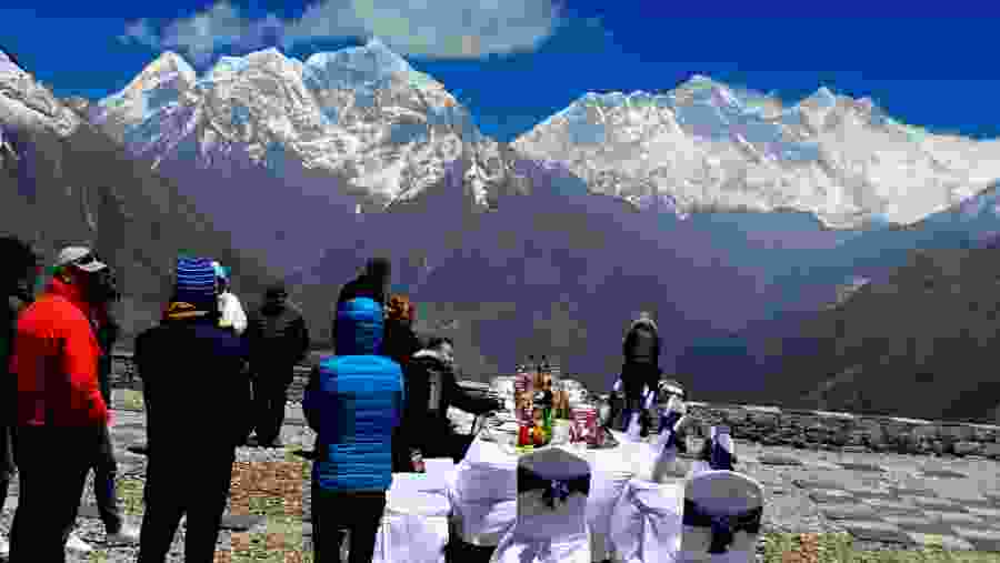 Having a champagne breakfast at luxury resort in Kongde Everest