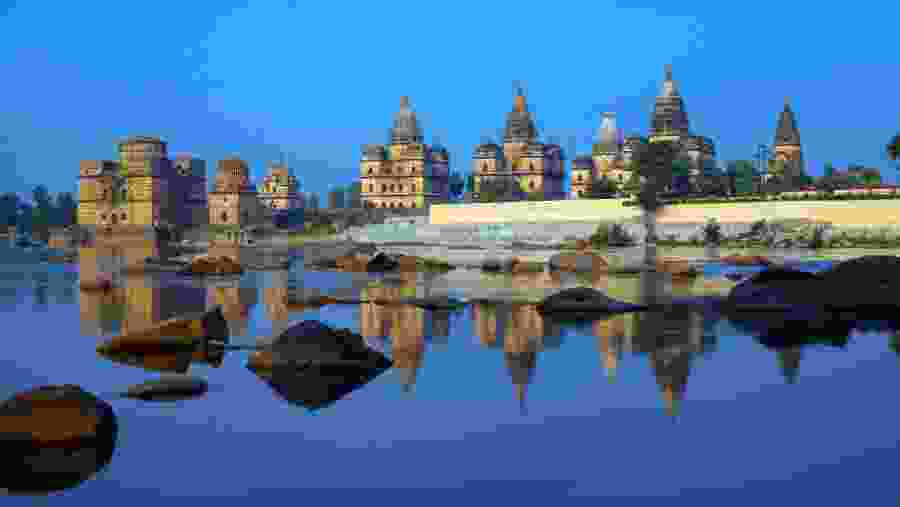 View of Royal cenotaphs of Orchha over Betwa river Orchha