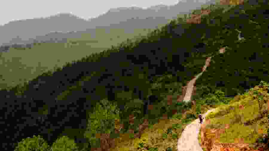 Rocky paths amidst mountain backdrops