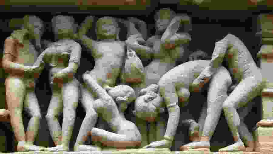 Temples of Khajuraho, one of the most popular tourist destinations in India, and famous for their erotic sculptures. Unesco World Heritage.