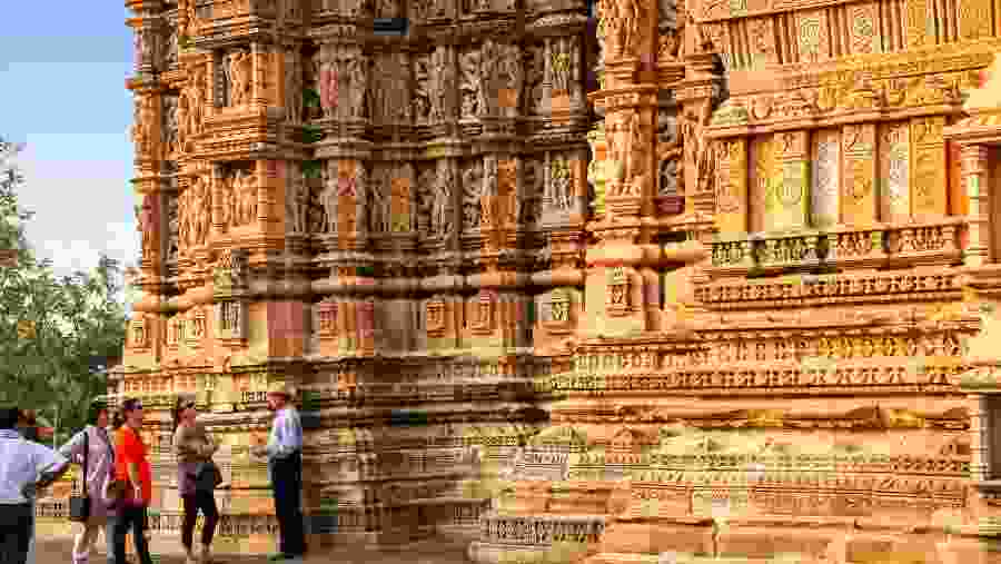 Close up of artful carved walls of Kandariya Mahadeva Temple, Khajuraho Group of Monuments