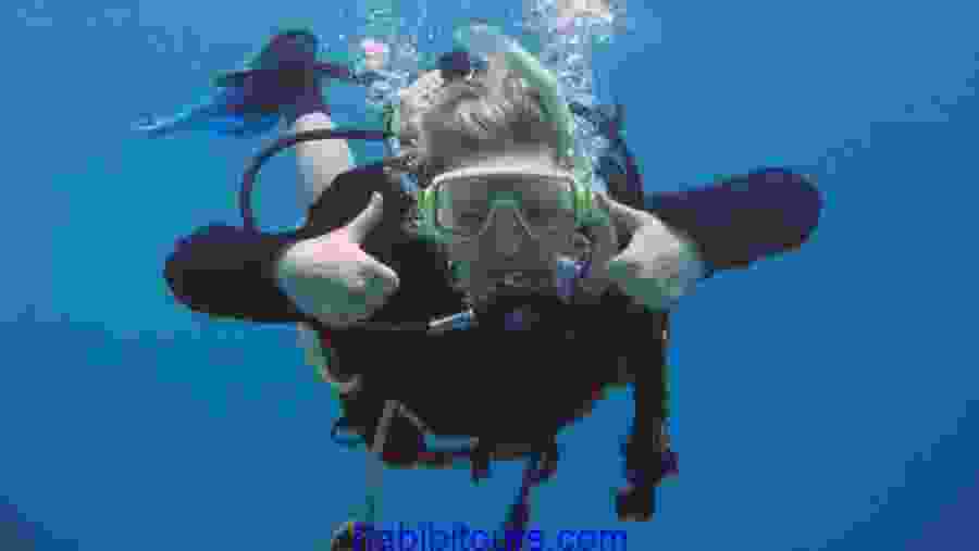Travelers scuba diving in the Red Sea