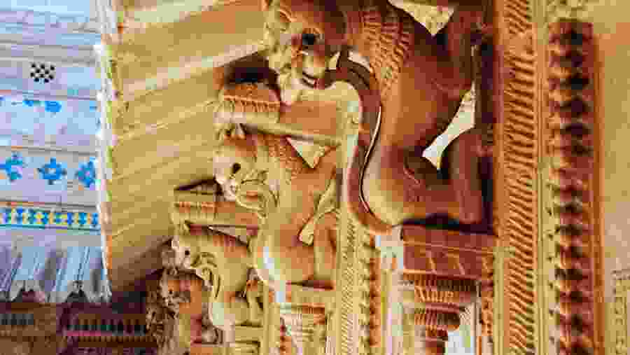 Lions Carved on a Pillar of Maan Mandir Palace in Gwalior Fort.