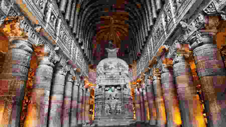 Ajanta Cave with Buddha statue.