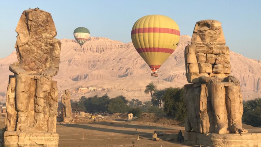 Explore the Colossi of Memnon from an aerial view