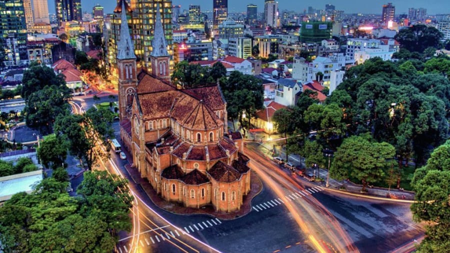The gorgeous nightscape of Ho Chi Minh City and the Notre Dame Cathedral