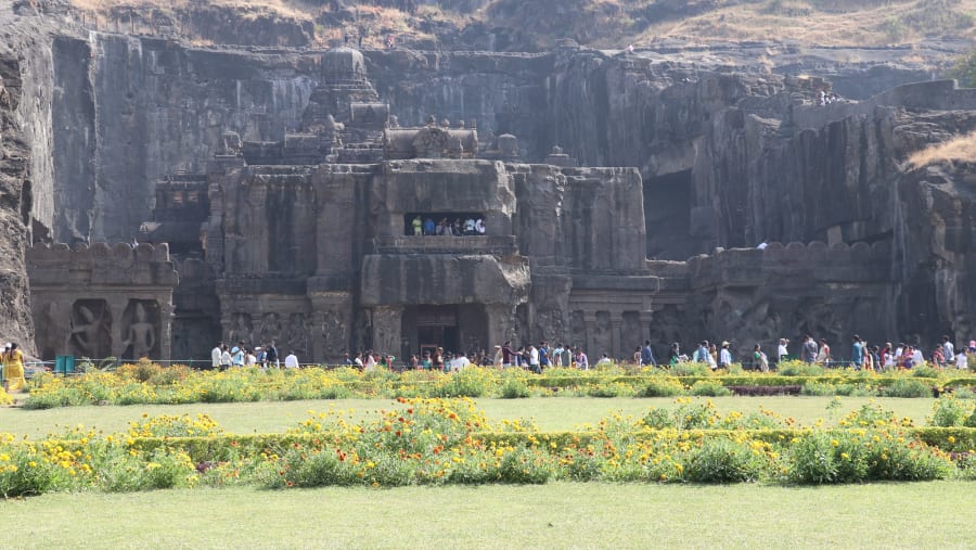 Tourist are entering in Ajanta Caves with our Guide.