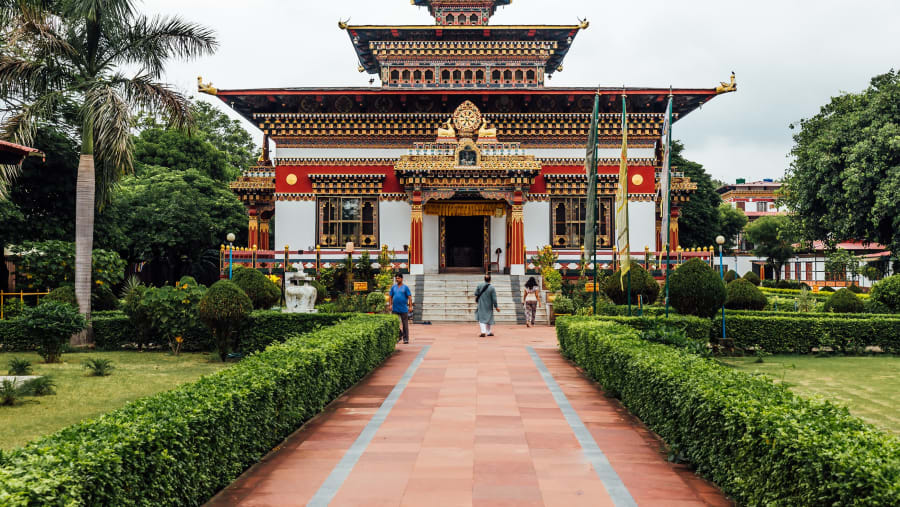 Colorful decorated facade in Bhutanese style of The Royal Bhutanese Monastery with copy space in Bodh Gaya, Bihar, India.