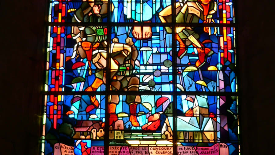 Unique stained glasses at the Sainte-Mère-Église