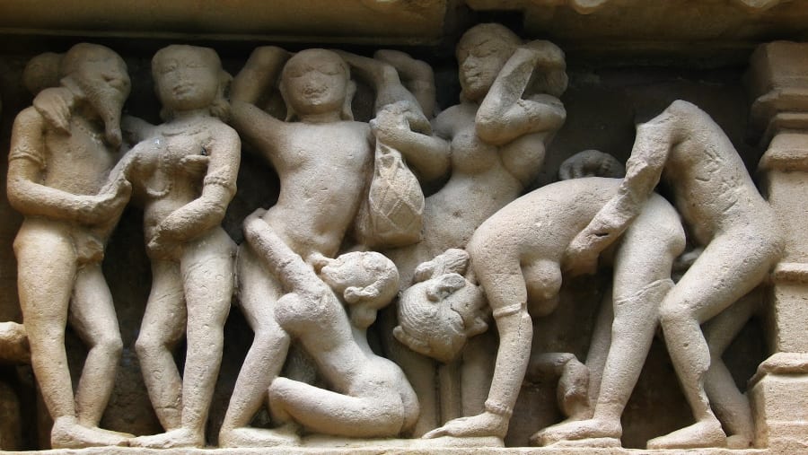 Temples of Khajuraho, one of the most popular tourist destinations in India, and famous for their erotic sculptures. Unesco World Heritage.