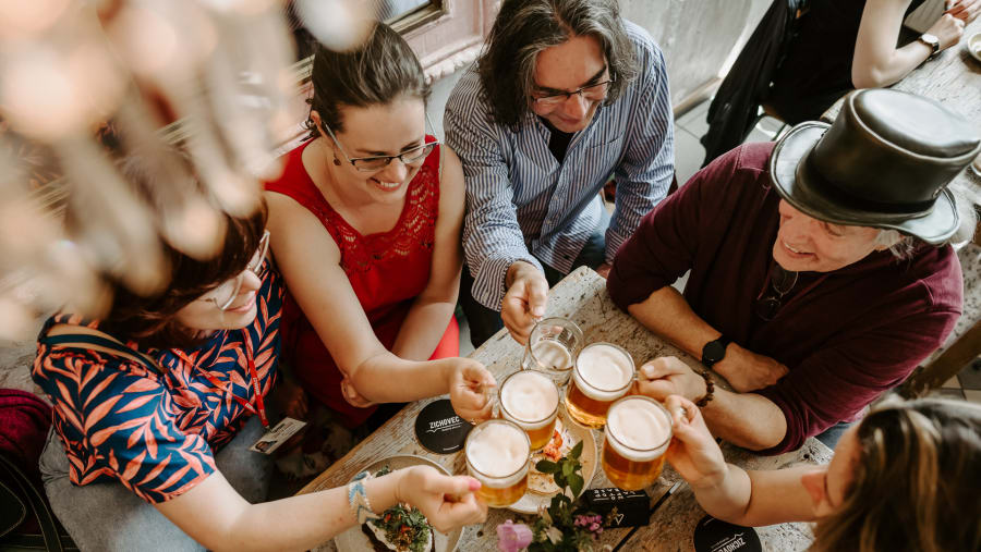 Tourists enjoying the beer
