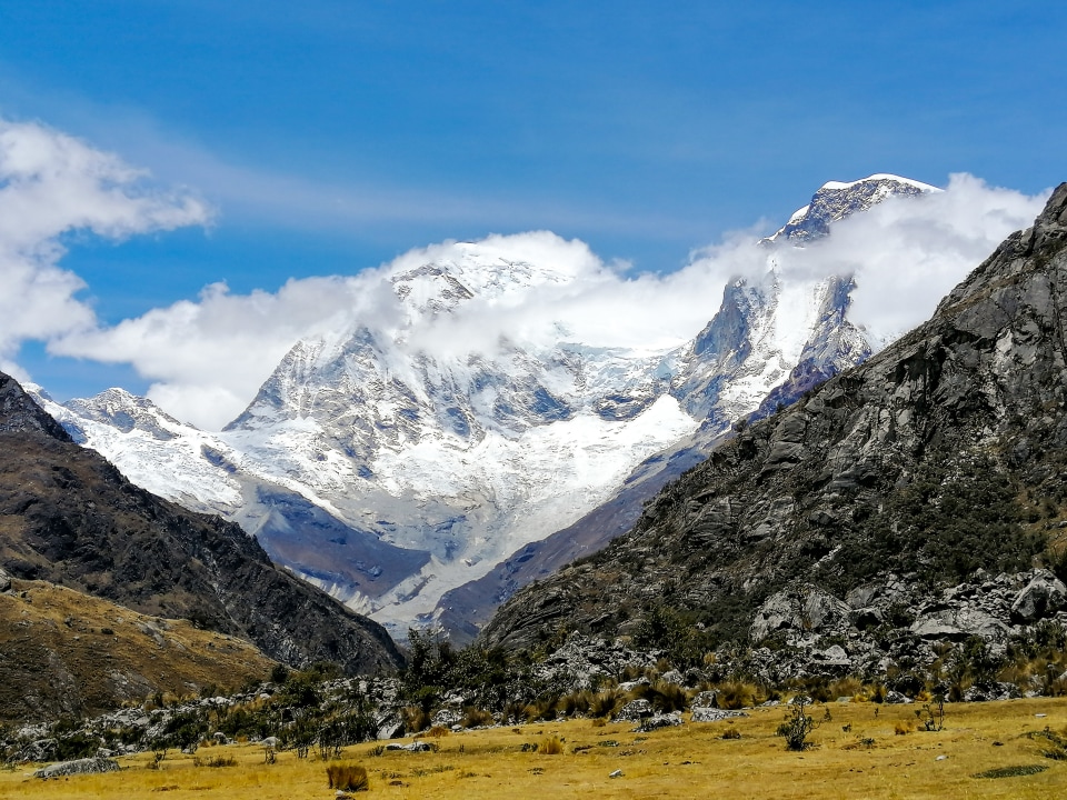 Lake 69, waterfall in the valley beneath Pisco and Chacraraju Mountain, Chinancocha and Orconcocha