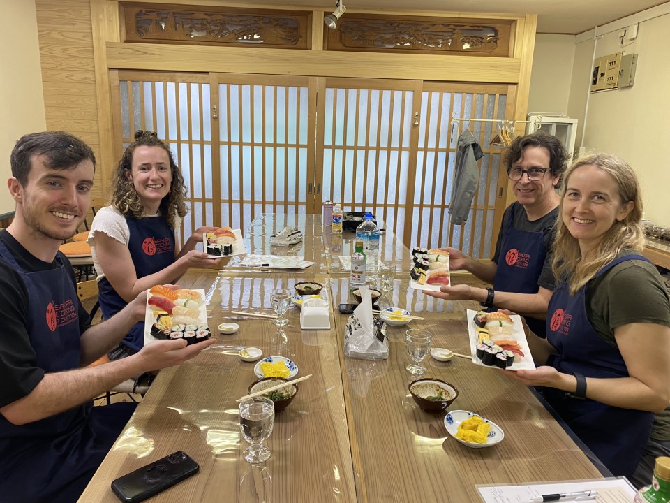 Tokyo, nigiri sushi and sushi roll, Matcha making with Japanese sweets