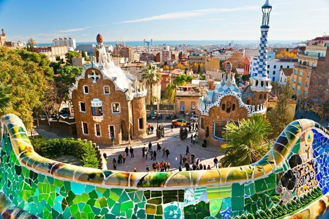 Park Güell terraces, La Sagrada Família façade, Passeig de Gràcia boulevard, Montjuïc Hill