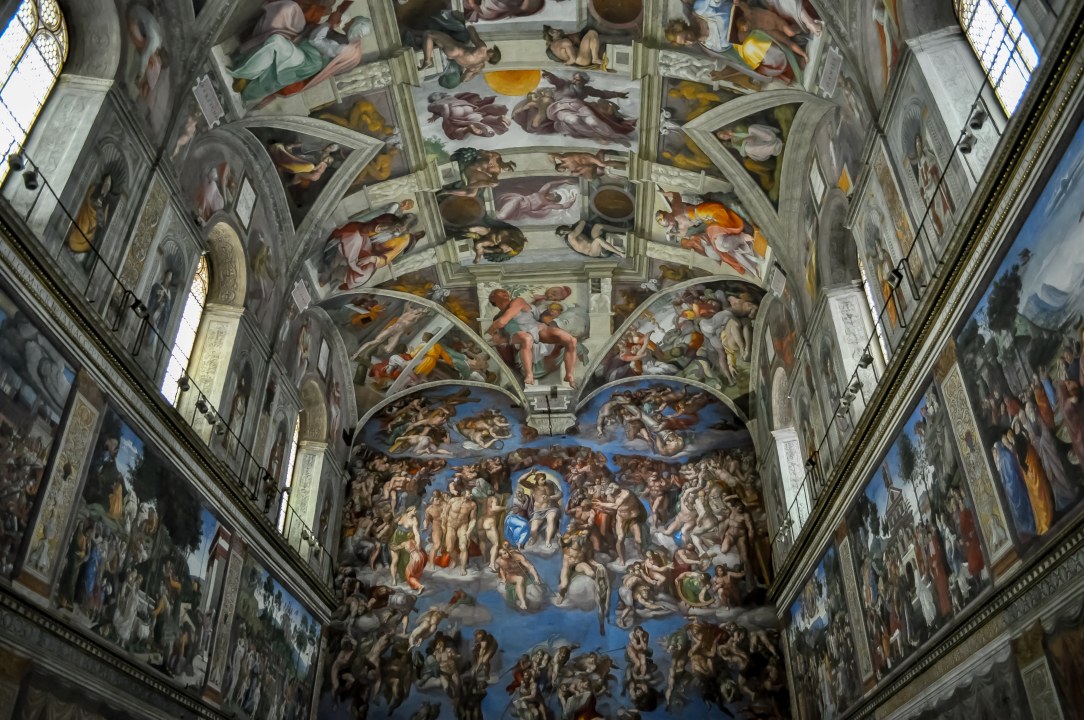 Vatican Museums galleries, Sistine Chapel frescoes, Rome streets