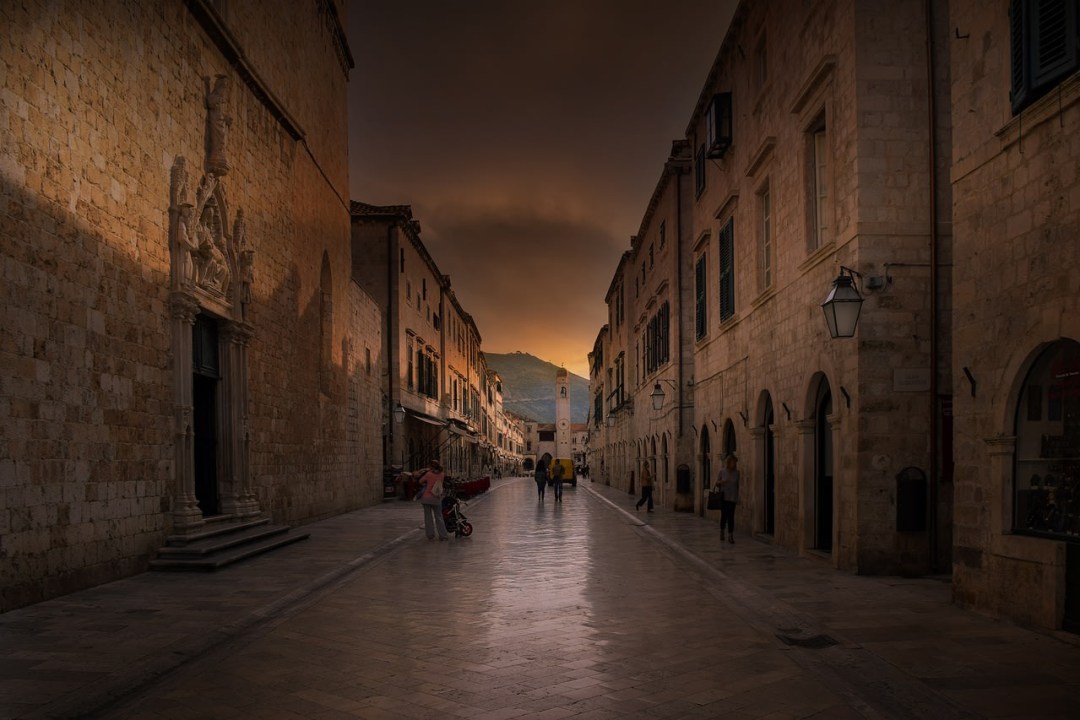 Walls of Dubrovnik, old town rooftops, Adriatic Sea