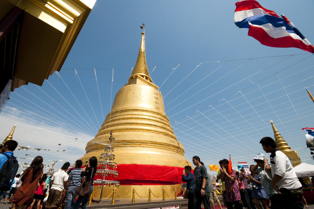 Wat Saket bird's-eye view, Baan Bat bowl workshops, Buddha Street shops