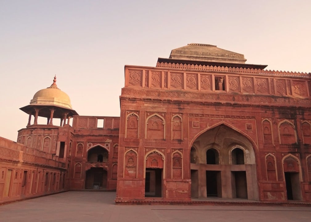 Taj Mahal at sunrise, Agra Fort's red ramparts, Amber Fort amid rugged hills