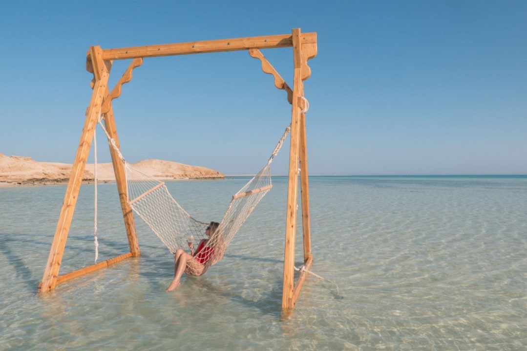 Orange Bay's sandy white beach, coral reef site snorkelling, Red Sea off Hurghada