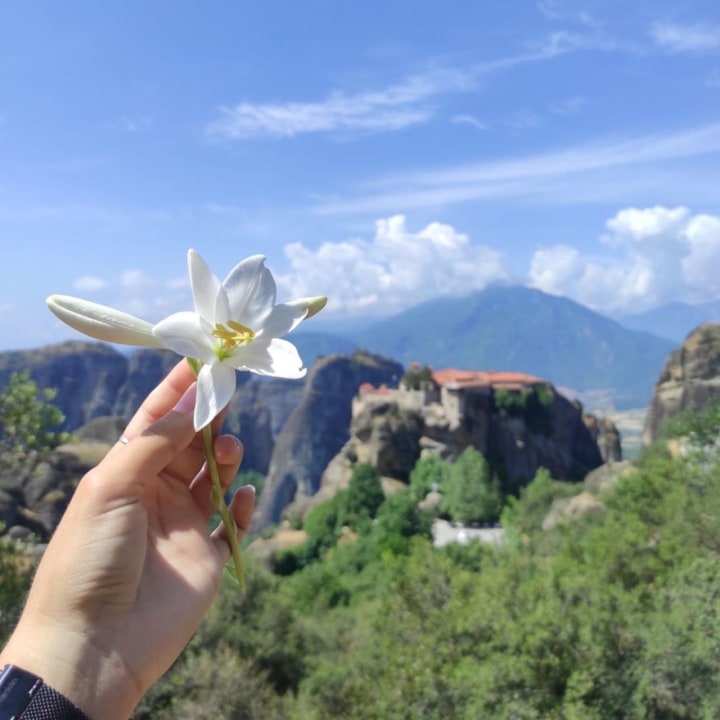 Meteora rocks, Badovas Hermitages, green forest of Kalabaka