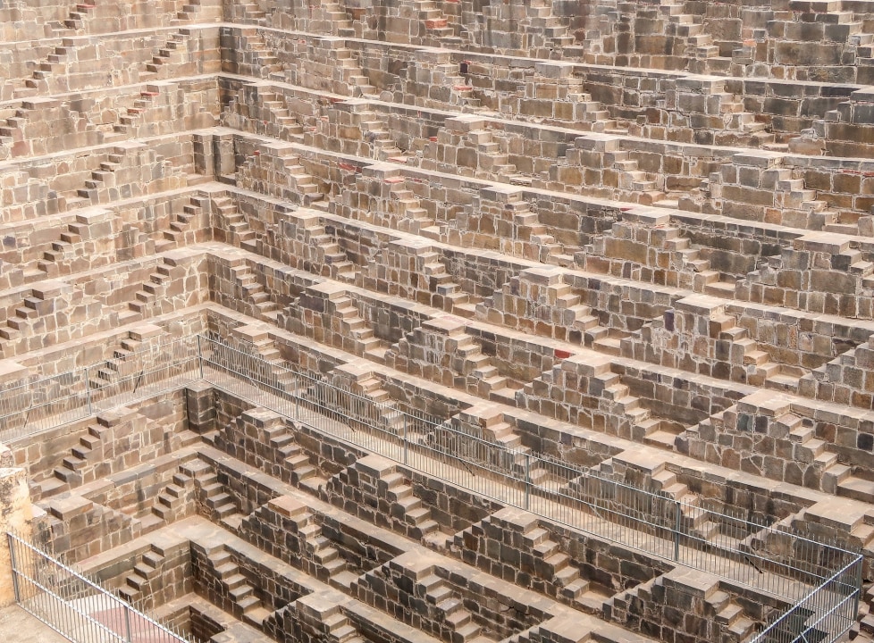 Fatehpur Sikri red sandstone palaces, Keoladeo Ghana National Park bird sanctuary, Chand Baori stepwell