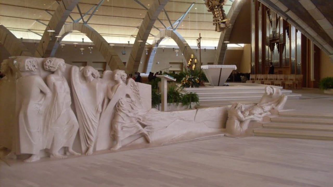 the old church, Padre Pio's crypt, the Sanctuary designed by Renzo Piano, the helical walkway with the Rupnik mosaics