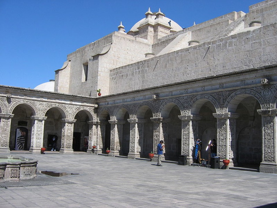 Basilica Cathedral of Arequipa against mountain views, San Francisco Street colonial houses, Santa Catalina Convent cloisters