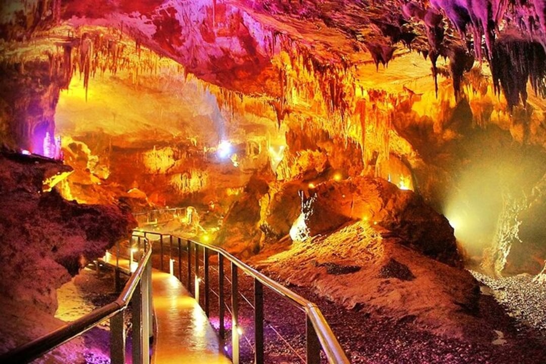 Martvili Canyon turquoise waters, Prometheus Cave formations, Bagrati Cathedral, Gelati Monastery