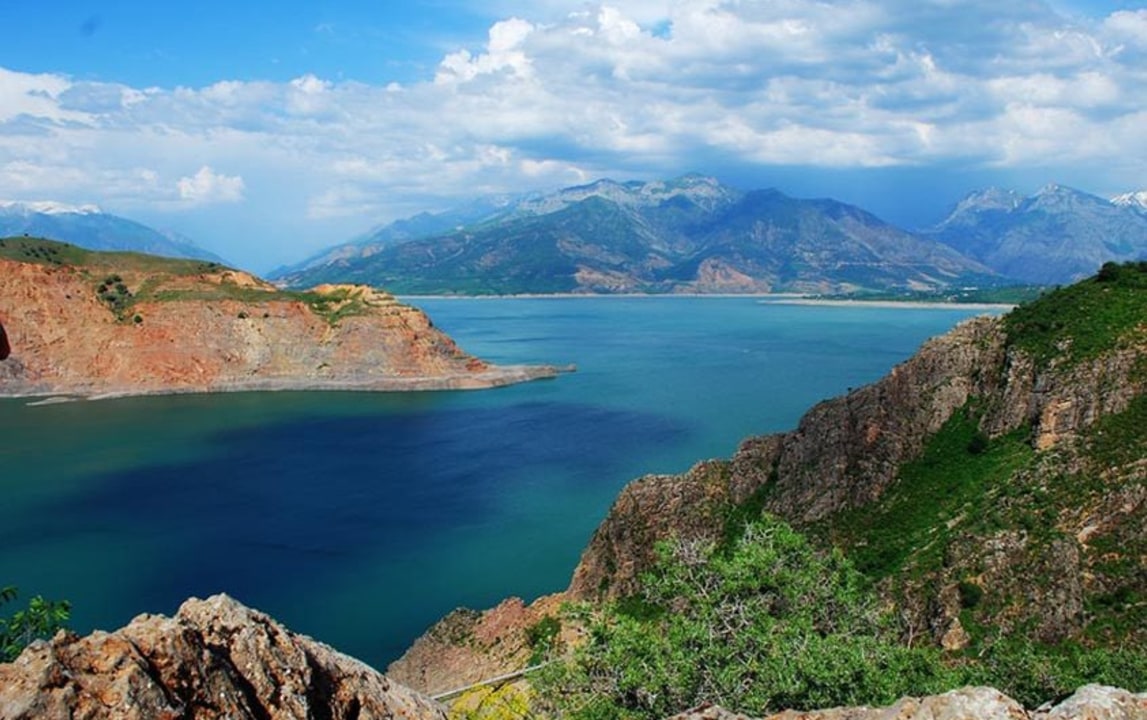 Chimgan Mountains, Amirsoy Resort on the Chatkal Ridge, Lake Charvak turquoise reservoir, Khojikent 850-year-old plane trees