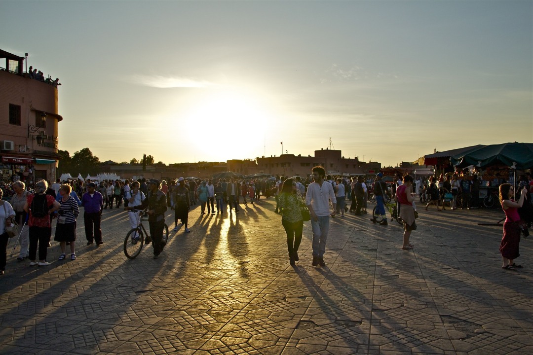 Bahia Palace courtyards, Koutoubia Mosque minaret, Jemaa el-Fnaa market alleys