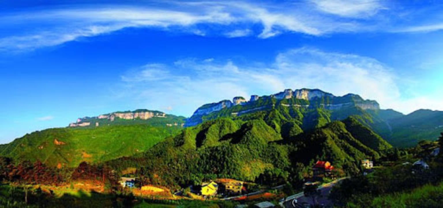 lush forests of Jinfo Shan (Golden Buddha Mountain), mountain summit at an altitude of 2200 meters, ropeway cable car