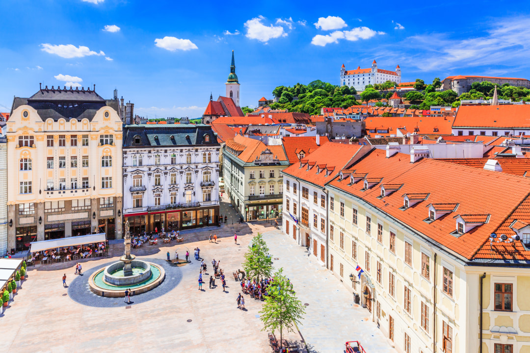 Bratislava's historical city center, Danube River, Little Carpathian Mountains