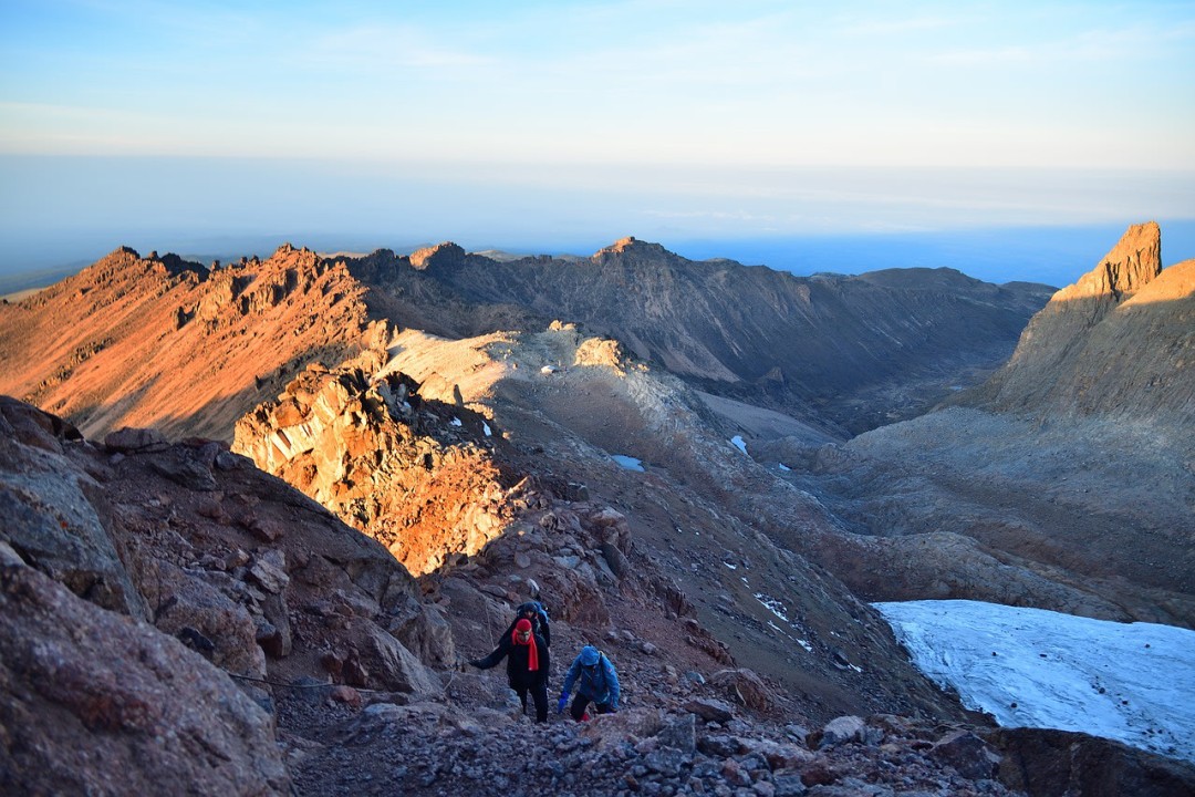 Point Lenana at sunrise, Shipton Camp moorland, Gorges Valley, Mt. Kilimanjaro on the horizon