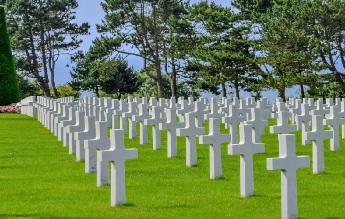 Pointe du Hoc cliffs, Omaha Beach shoreline, American Cemetery in Colleville-sur-Mer, Longues-sur-Mer Battery