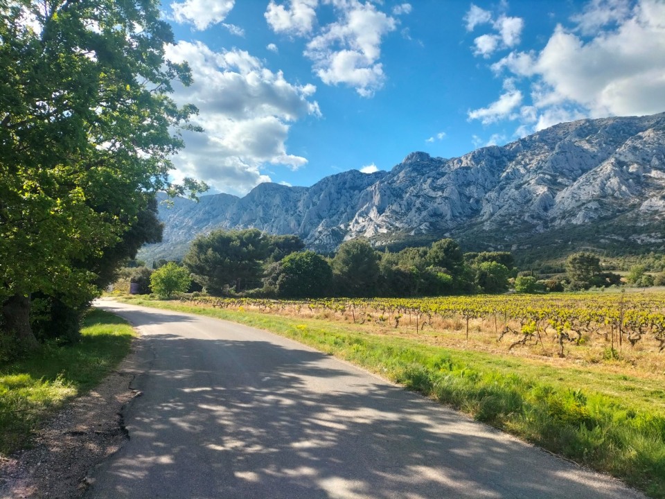 Sainte Victoire mountain, vine fields, hilltop village, Saint-Maximin-la-Sainte-Baume