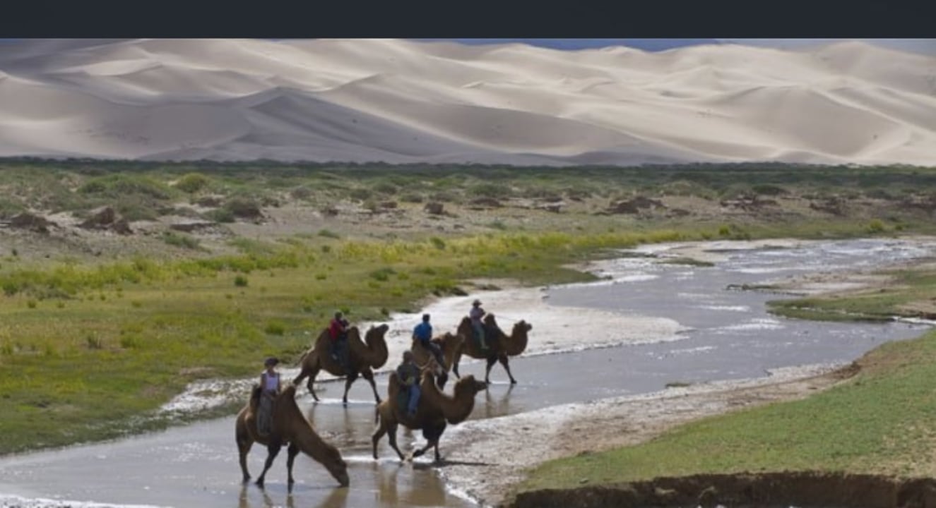 Genghis Khan equestrian statue, forested peaks of Gorkhi-Terelj National Park, Mukhar Shivert ice cliff, Khongor Sands dunes