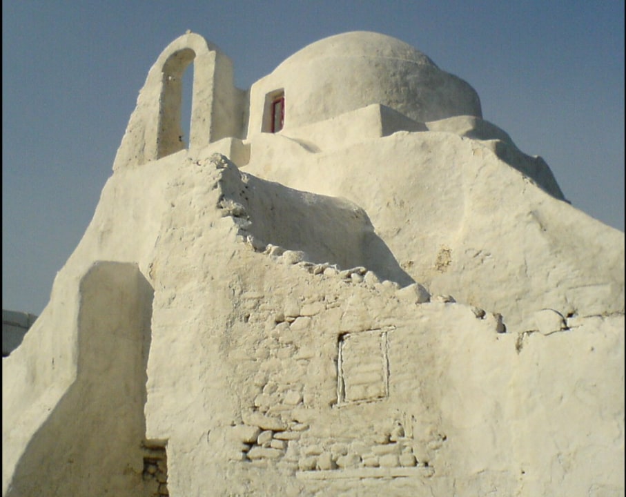 Mykonos windmills, Little Venice (Mykonos), Church of Panagia Paraportiani, waterfront cafes