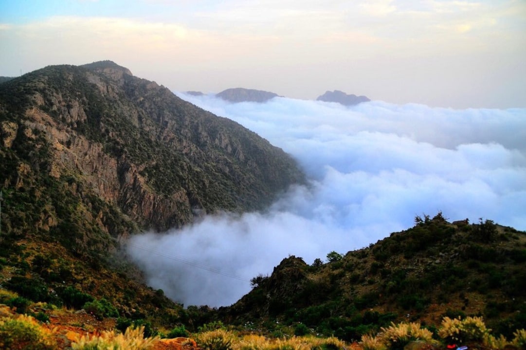 Jabal Soudah peaks, Al Soudah highlands, Rijal Heritage Village stone structures