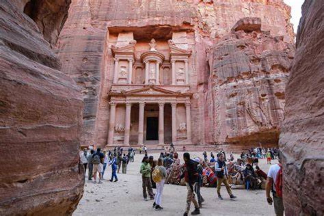Petra rock-cut façades, Wadi Rum desert dunes, Dead Sea (Jordan) mineral-rich waters