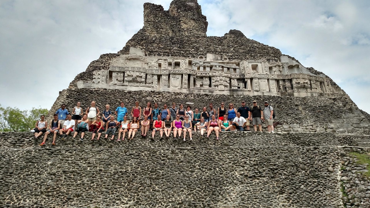 Xunantunich ruins, El Castillo, the Mopan River, views toward Melchor De Mencos