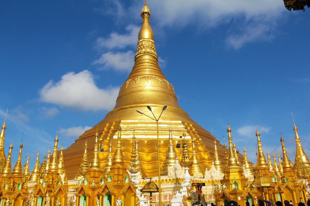 Shwedagon Pagoda at sunset, Mt. Victoria pine forest, Mindut morning market