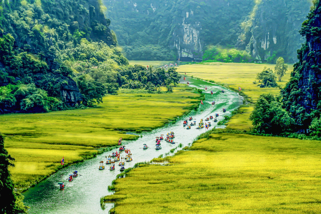 Tam Cốc – Bích Động, Hoa Lư Ancient Capital, river past villages, mountains and lush rice fields