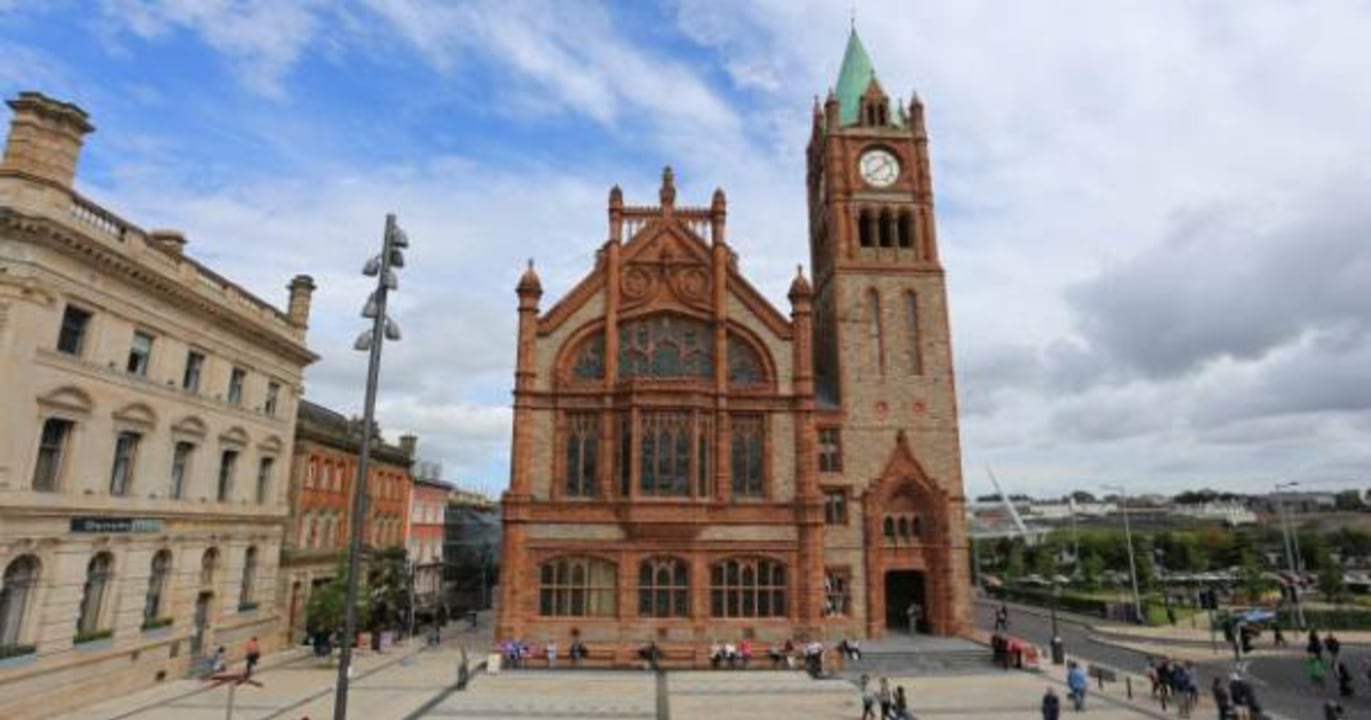St Columb's Cathedral, the neo-Gothic Guildhall, Peace Bridge, Ebrington Square