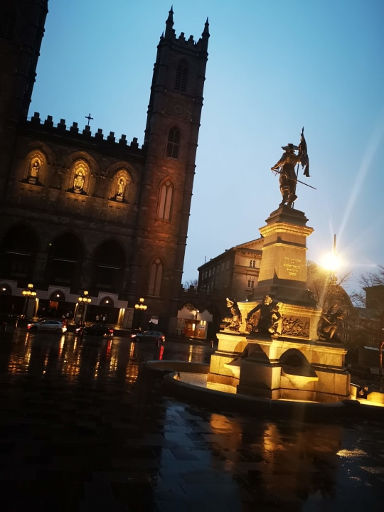 Old Port of Montreal, Place Jacques-Cartier, Notre-Dame Basilica at dusk