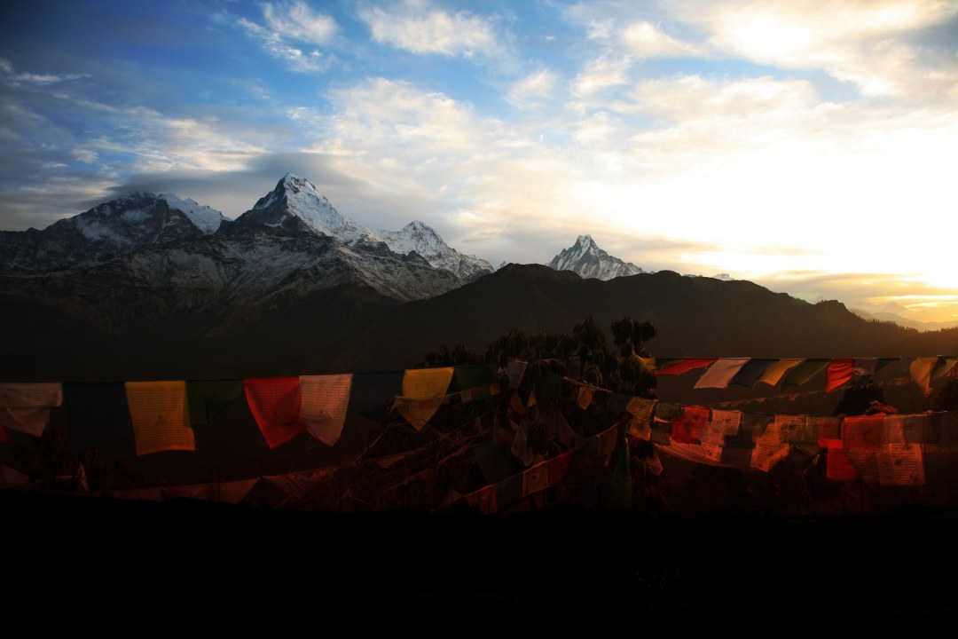 Poon Hill sunrise, Ghorepani village rhododendron woods, Annapurna Himalaya panorama, Phewa Lake