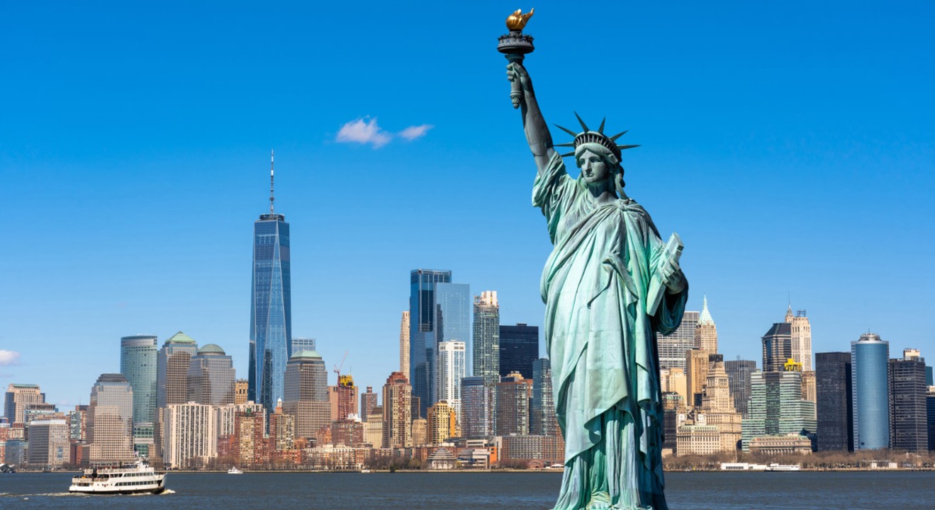 Statue of Liberty, Ellis Island harbor views, Central Park greens, Times Square lights