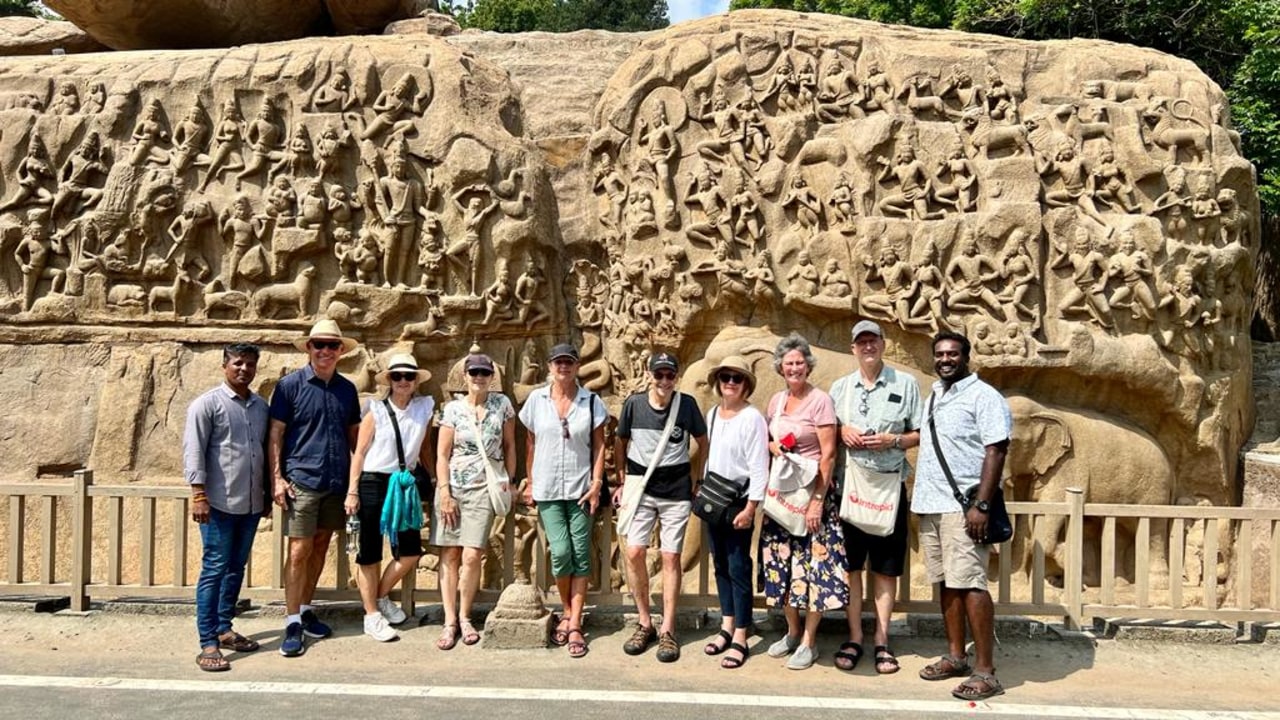 Arjuna's Penance bas-relief, Krishna's Butter Ball on a stony slope, Shore Temple overlooking the Bay of Bengal, Five Rathas